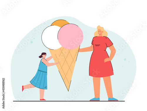 Woman giving ice cream to girl. Mother offering cone with colorful balls of ice cream to daughter. Child happy, tasty food. Dessert, tasty snack concept for banner, website design, landing web page