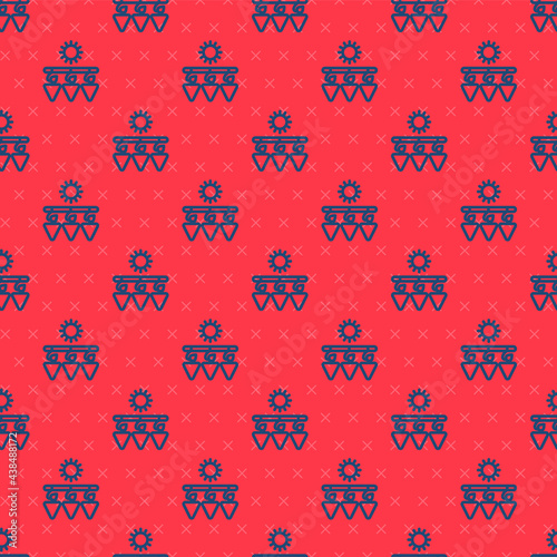 Blue line Drying grapes icon isolated seamless pattern on red background. Dried grapes. Vector