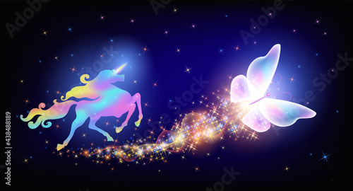 Galloping iridescent unicorn with luxurious winding mane and flying magic butterfly against the background of the fantasy universe with sparkling stars.