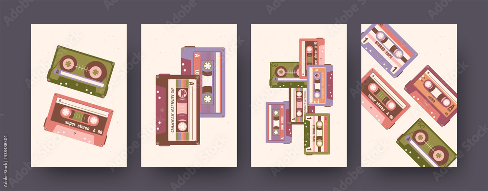 Set of contemporary art posters of retro super stereo cassettes. Vector illustration. .Collection of stereo cassettes with different compositions. Music, audio, vintage, sound concept for media design