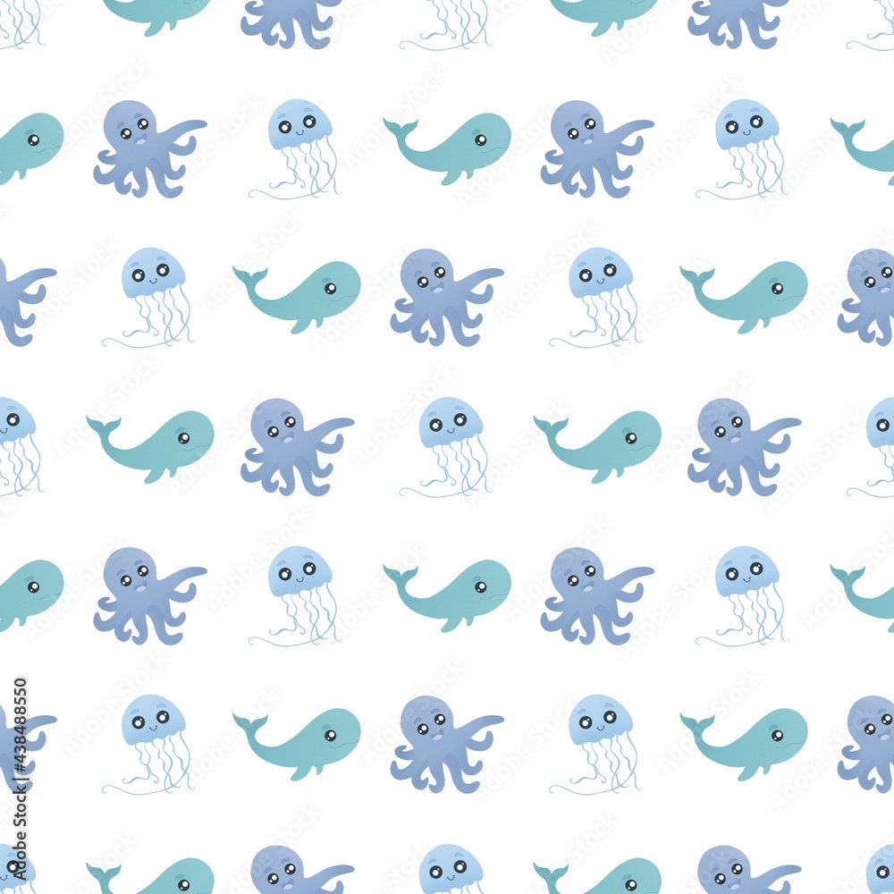 cute pattern with jellyfish, whale and octopus cute pattern with jellyfish, whale and octopus
