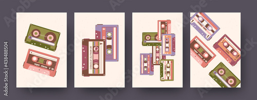 Set of contemporary art posters of retro super stereo cassettes. Vector illustration. .Collection of stereo cassettes with different compositions. Music, audio, vintage, sound concept for media design