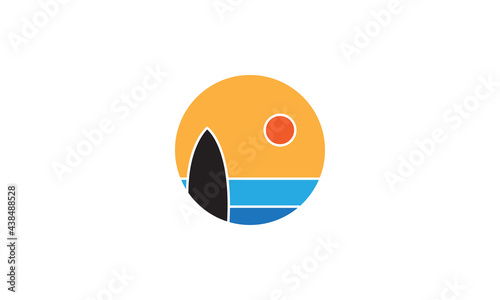 abstract sea sunset with surf board logo vector icon illustration design