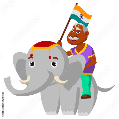 old man holding india flag riding on elephant animal cartoon vector. old man holding india flag riding on elephant animal character. isolated flat cartoon illustration