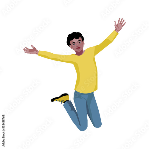 Dark skinned teen boy jumping waving his arms vector isolated figure