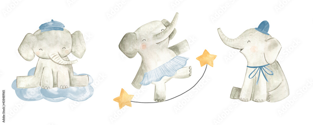 Baby elephant watercolor illustration nursery for boys Stock ...