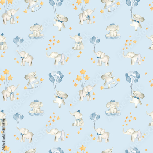 Baby elephant watercolor illustration nursery pattern for boys 