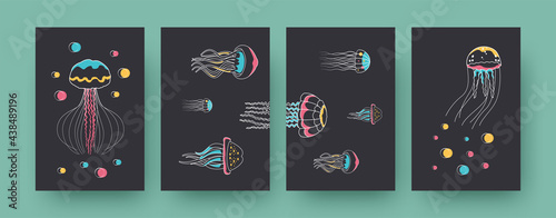 Set of contemporary posters with different medusas. Jellyfishes swimming up and sideways pastel vector illustrations. Aquarium, wildlife concept for designs, social media, postcards, invitation cards