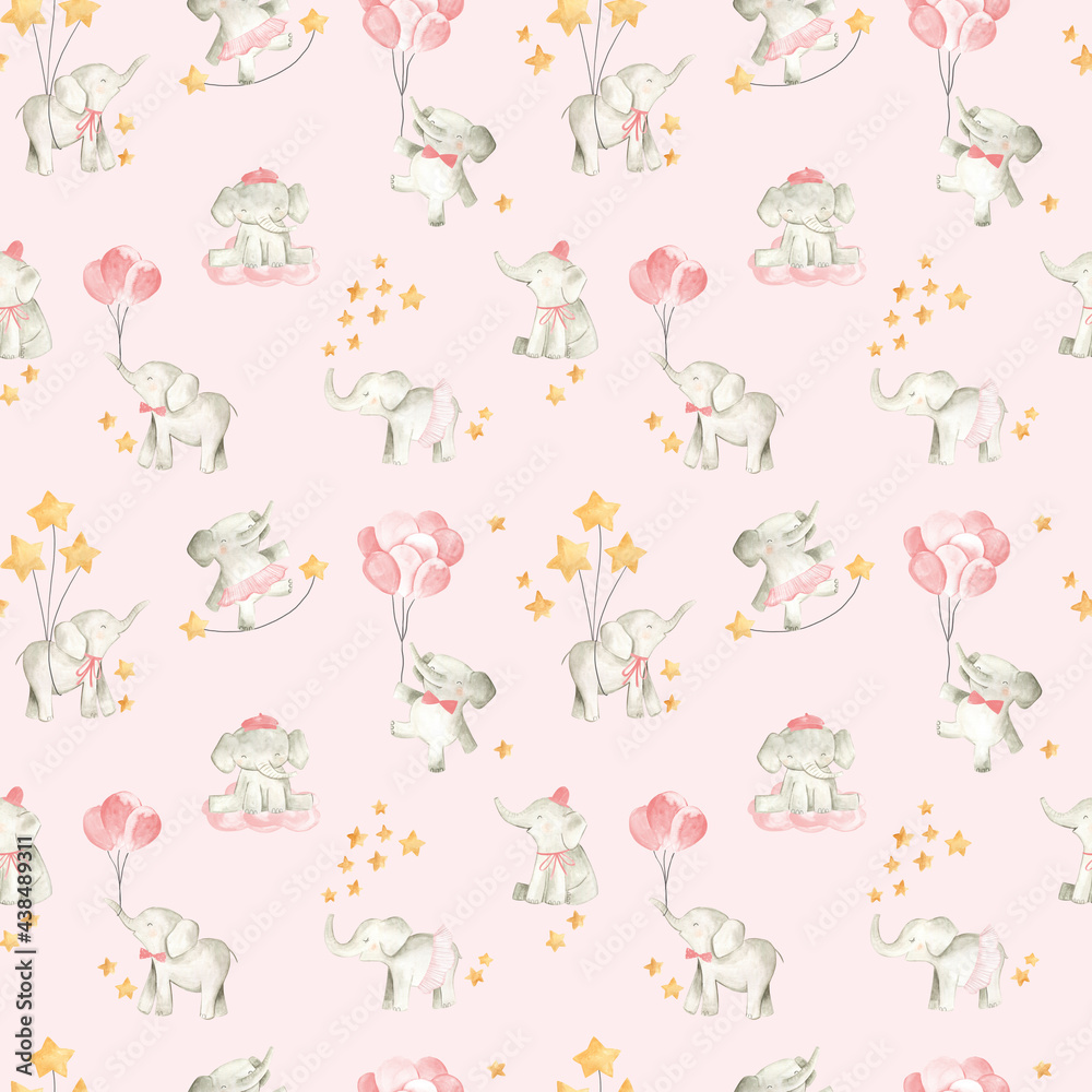 Baby elephant watercolor illustration nursery pattern for girls