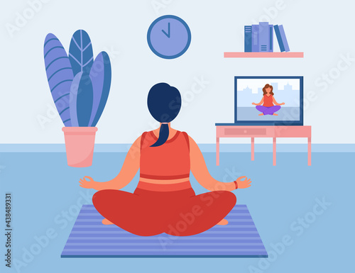 Woman meditating vector illustration. Young female character attending online yoga practice. Exercising at home, video classes. Healthy lifestyle concept for website design or landing page