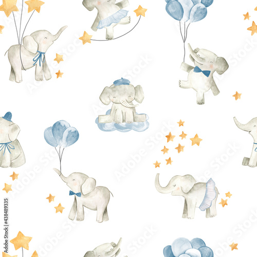 Canvas Print Baby elephant watercolor illustration nursery seamless  pattern for boys