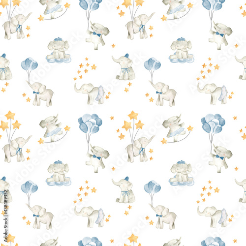 Fototapeta Naklejka Na Ścianę i Meble -  Baby elephant watercolor illustration nursery pattern for boys 