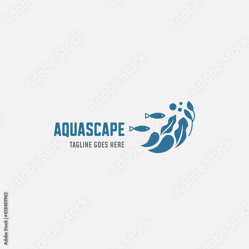 Aquascape logo design template. Aquarium and seaweed vector illustration.