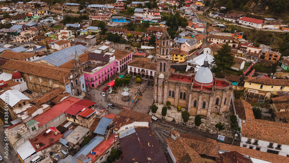 Aerial photographs of the exteriors, details of the Cathedral of Angangueo, Michoacan, Mexico, as well as some houses and old buildings of the town.