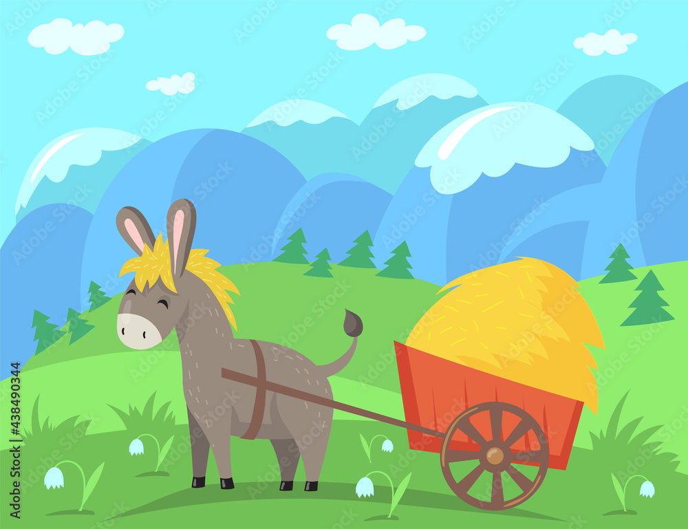 Cute donkey character pulling cart with hay. Happy domestic animal in field with mountain peaks in background vector illustration. Farming, countryside, domestic animals, agriculture concept