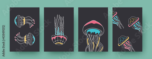 Set of contemporary posters with transparent medusas. Jellyfishes swimming up, down and sideways pastel illustrations. Aquarium, wildlife concept for designs, social media, postcards, invitation cards