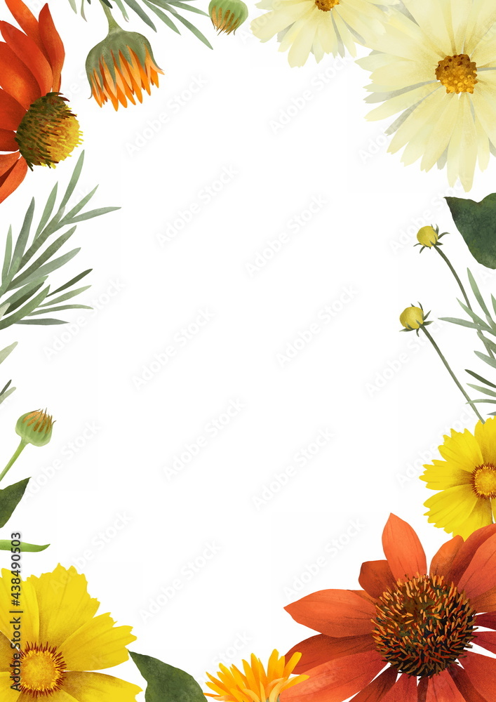 Obraz premium Hand drawn floral frame with yellow, orange and red flowers, leaves. Spring or summer flowers for invitation, wedding or greeting cards. Botanical template.