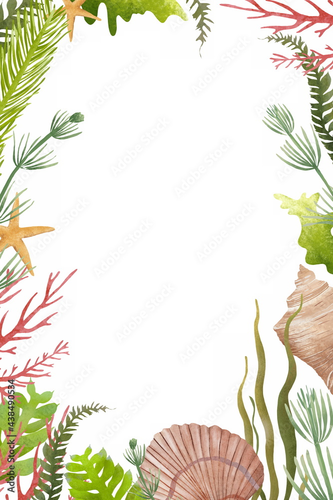 Sea life frame made of colorful fish, seaweed and corals on white. Template for postcards, invitations, decor.  Bright summer border.