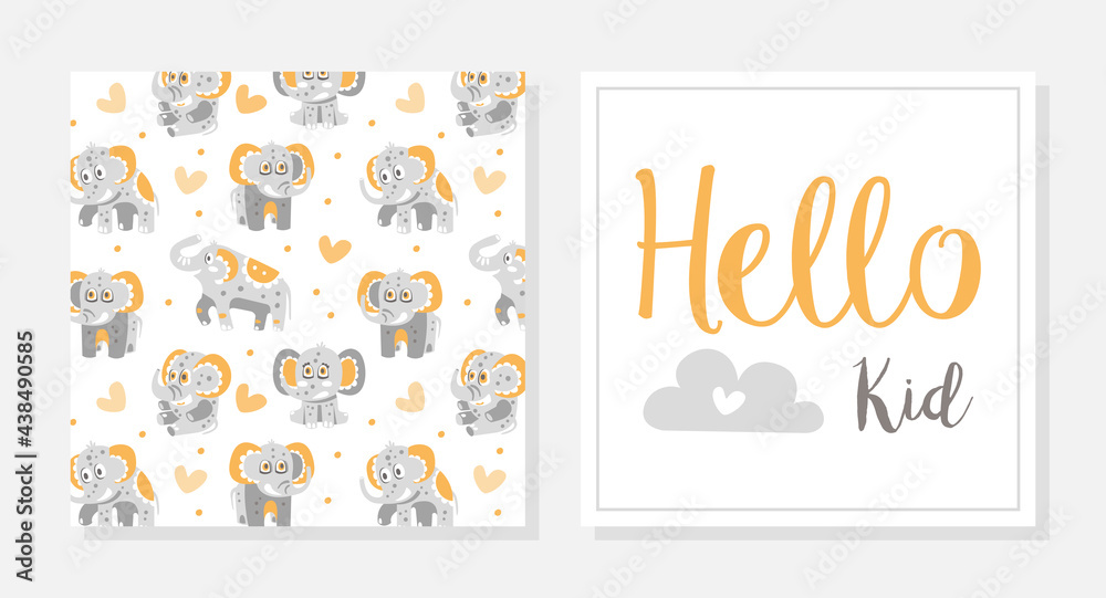 Baby Shower Card with Cute Grey Elephant Character with Trunk and Tusks Vector Template