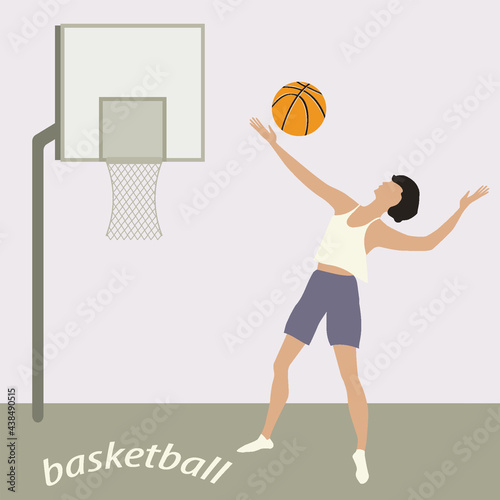 Woman basketball player, basket on the rack, ball - vector. Active sport. Mental health.