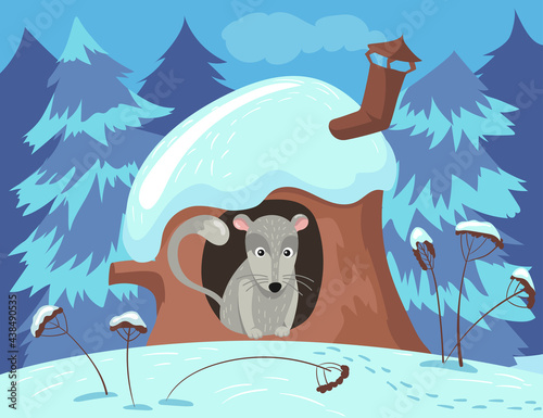 Cute rodent character hiding in tree house in winter. Grey animal in hollow in trunk, snowy forest, snow on roof cartoon vector illustration. Animals, wildlife, winter, seasons, nature concept