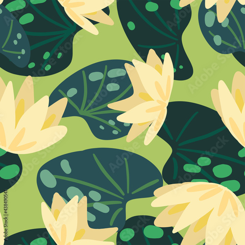 Water lily  leaves  swamp plants. Abstract vector seamless pattern. Colored cartoon botanical ornament. Fresh modern design for print  fabric  textile  background  wallpaper  wrap  card  decoration.