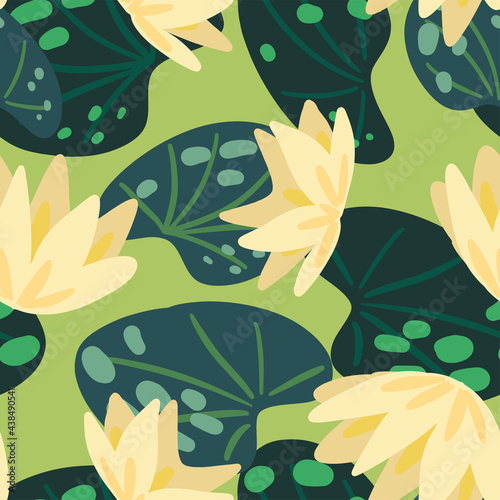 Water lily, leaves, swamp plants. Abstract vector seamless pattern. Colored cartoon botanical ornament. Fresh modern design for print, fabric, textile, background, wallpaper, wrap, card, decoration.