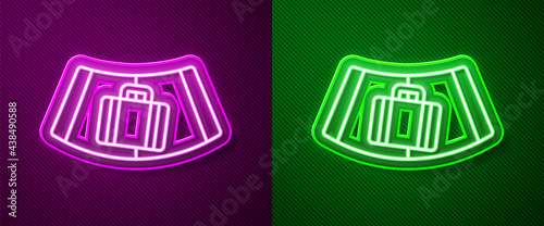 Glowing neon line Airport conveyor belt with passenger luggage, suitcase, bag, baggage icon isolated on purple and green background. Vector