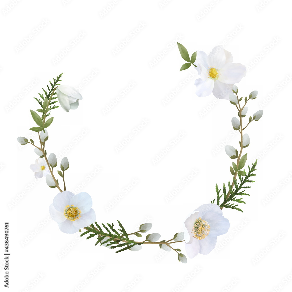 Cute floral wreath floral design card with white flowers. Romantic greeting, wedding invite template. Summer botanical wreath.