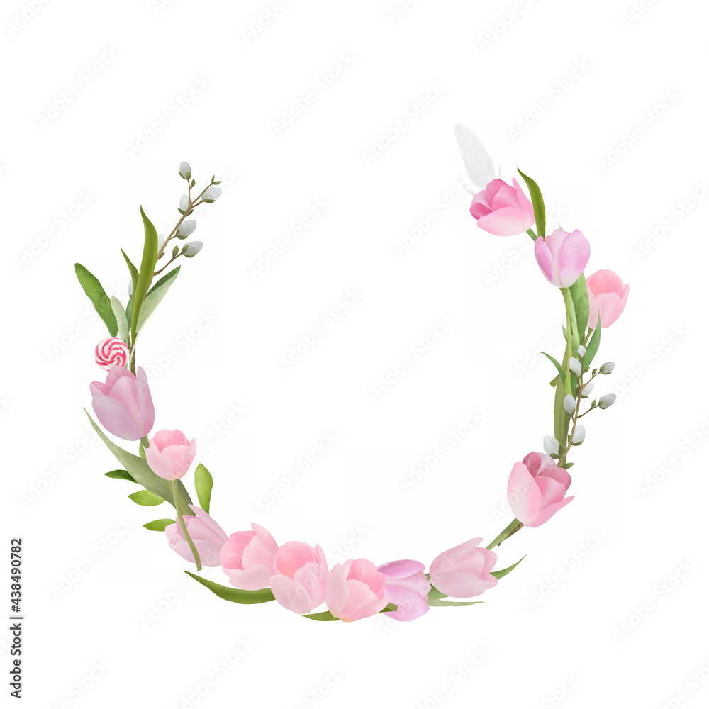 Delicate floral wreath floral design card with cute pink tulips. Greeting, wedding invite template. Round frame border with copy space