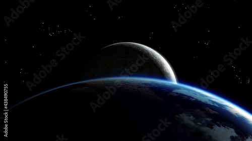Exoplanet and moon against a black background mottled with stars. 3D render / rendering