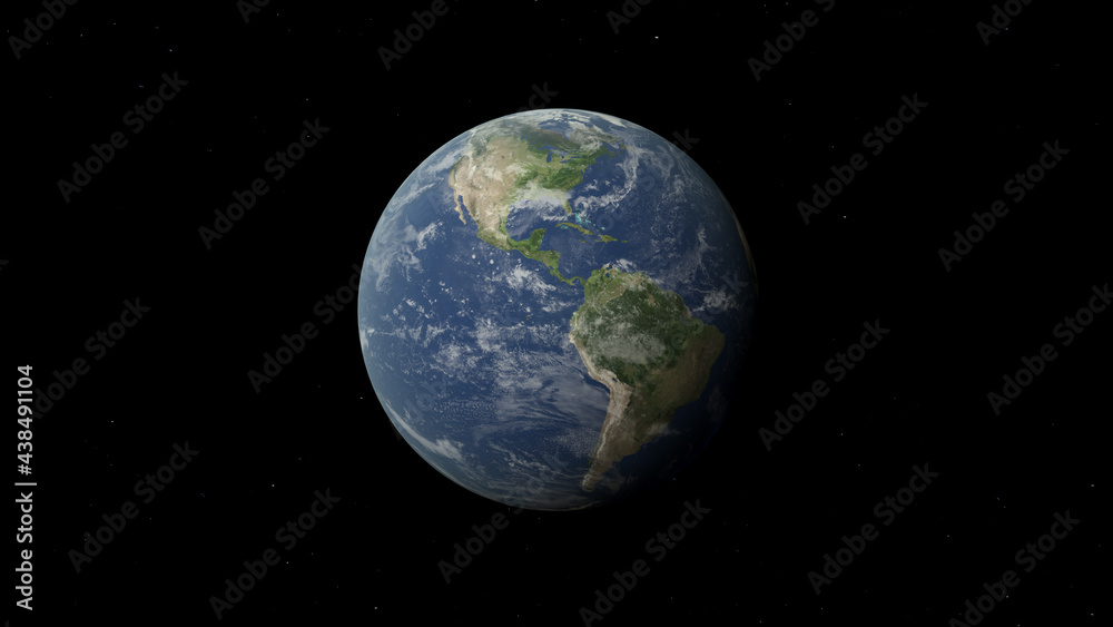 The Earth — Realistic 3D rendering illustration of planet North America and South America surface continents with oceans and clouds atmosphere with stars in outer space. The Earth — Realistic 3D rendering illustration of planet North America and South America surface continents with oceans and clouds atmosphere with stars in outer space.