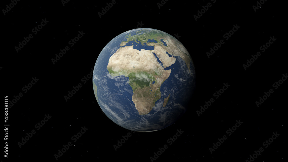 The Earth — Realistic 3D rendering illustration of planet Africa and Europe and Middle East surface continents with oceans and clouds atmosphere with stars in outer space.