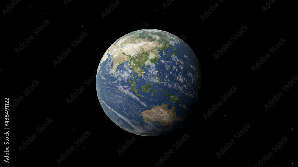 The Earth — Realistic 3D rendering illustration of planet Asia and Australia and Oceania surface continents with oceans and clouds atmosphere with stars in outer space. The Earth — Realistic 3D rendering illustration of planet Asia and Australia and Oceania surface continents with oceans and clouds atmosphere with stars in outer space.