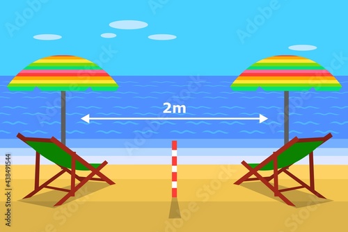 Concept social distance on the beach. An armchair and umbrella by the sea that maintain a safe distance of two meters to avoid the coronavirus. Security on the beach.