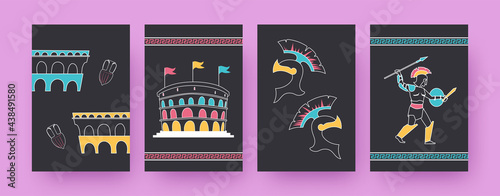 Set of contemporary art posters with Coliseum gladiator. Roman arena, Spartan helmet vector illustrations, black background. Ancient Rome concept for designs, social media, postcards