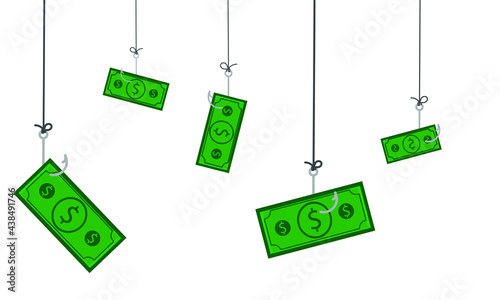 One hundred American dollar banknote on white  background. American dollar banknote is hooked by a fishing hook. Great use for American dollar currency and financial concepts.