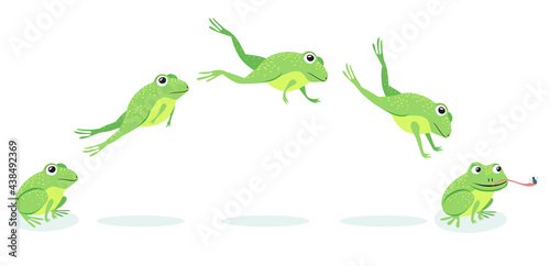 Animated process of frogs leaps sequence. Cartoon toad jumping for prey, catching insect vector illustration set. Animal, movement concept