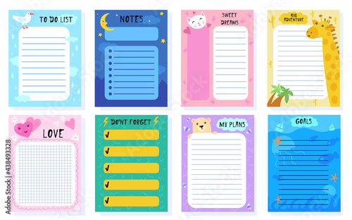 Cute baby planners vector illustration set. To do list for week, birthday invitation, calendar, sheet for memos with pretty animals for organized diary. Template, printable, pattern concept