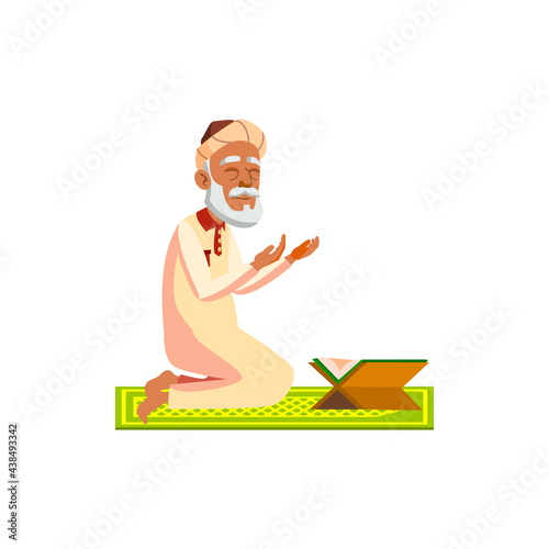 muslim old man praying koran in mosque cartoon vector. muslim old man praying koran in mosque character. isolated flat cartoon illustration