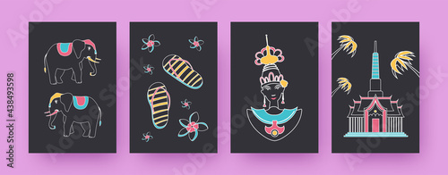 Collection of contemporary posters with Thailand symbols. Elephants, Thai dancer, temple vector illustrations, black background. Thailand, culture concept for designs, social media, postcards