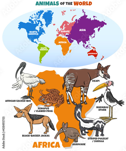 educational illustration with African animals and continents map photo