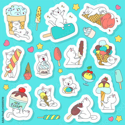 Kawaii sticker set. Vector illustrations of a cute cats enjoying an ice cream. Funny summer patch badges, icons, pins, design elements for kids.