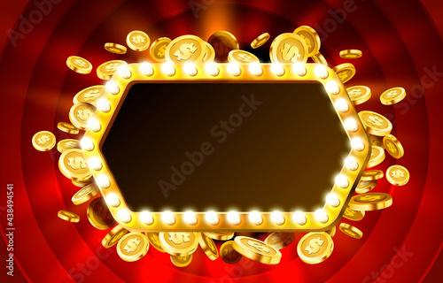 Casino lamp frame with gold realistic 3d coins background. Vector