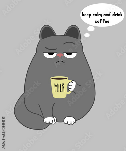 cartoon gray cat drinking coffee from yellow cup funny displeased emotion