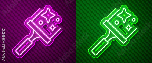 Glowing neon line Cleaning service with of rubber cleaner for windows icon isolated on purple and green background. Squeegee, scraper, wiper. Vector