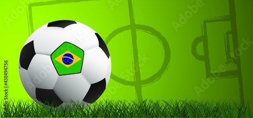 Football with the flag of Brazil  Brazilian  on green soccer grass field. Vector background banner. Sport finale or school  sports game cup. Summer  spring time  Street ball games. 2021