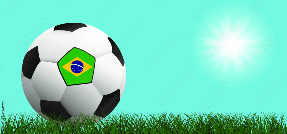 Naklejka premium Football with the flag of Brazil, Brazilian on green soccer grass field. Vector background banner. Sport finale or school, sports game cup. Summer, spring time, Street ball games.