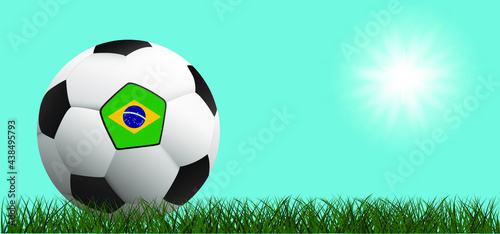 Football with the flag of Brazil  Brazilian on green soccer grass field. Vector background banner. Sport finale or school  sports game cup. Summer  spring time  Street ball games.