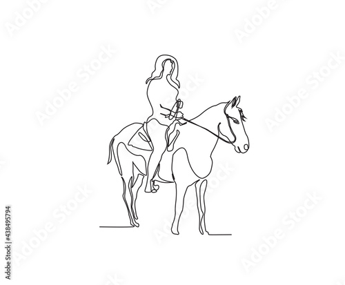 Continuous line art drawing of woman riding horse. Minimalist black jockey outline design. editable active stroke vector.